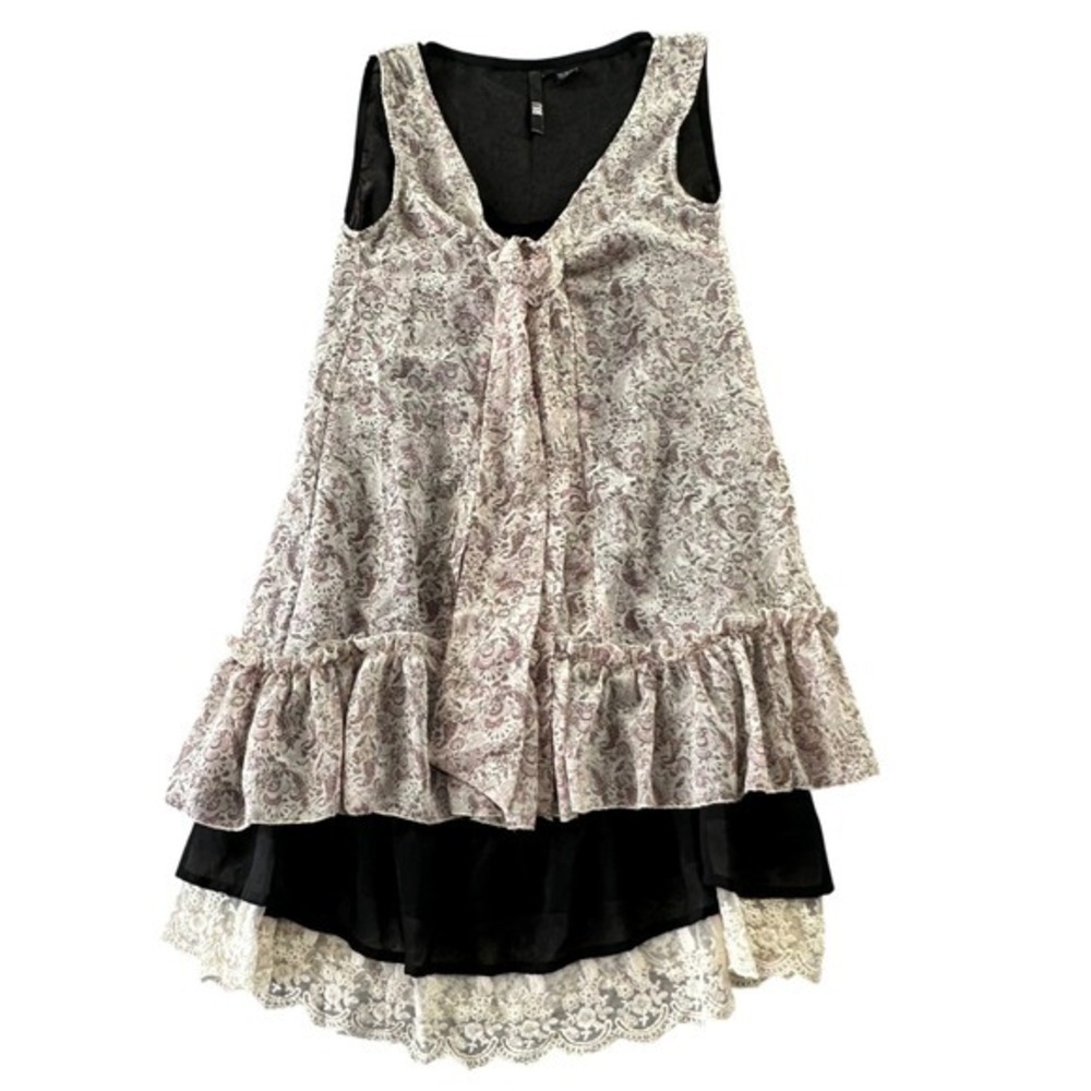 RU Layered Tunic Dress Floral Paisley Lace Trim Black Cream Boho Grunge Festival